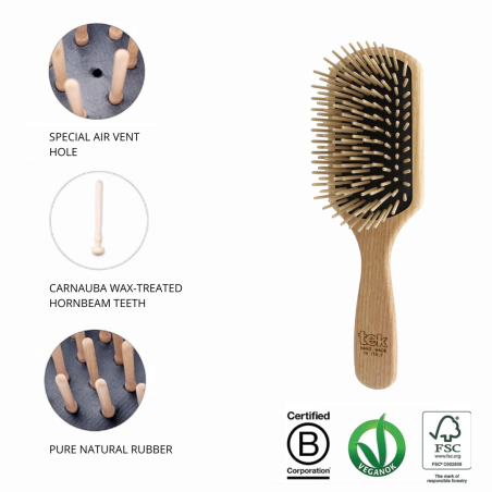 Large Rectangular Brush with Long Hornbeam Wooden Pins | Long & Thick Hair