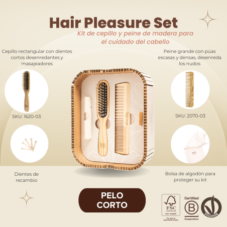 Hair Pleasure Set | Cepillo + Peine de madera para cabello corto