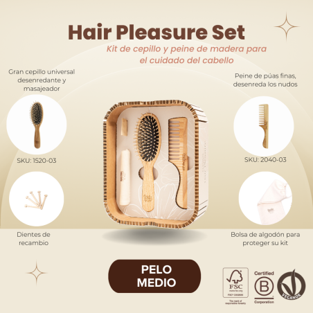Set de Placer para el Cabello, Cepillo y Peine de Madera, Pelo Medio