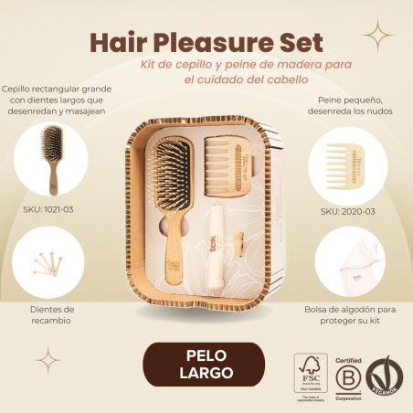 Set de Placer para el Cabello, Cepillo y Peine de Madera, Pelo Largo