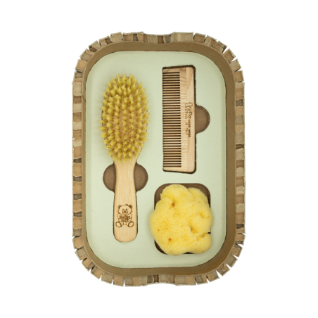 Newborn Care Set (0–1 año) | Cepillo, peine y esponja natural para el cuidado del bebé