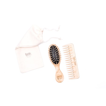 Kit Brosse à Cheveux Mini en Bois & Peigne | Avec Pochette en Coton Naturel