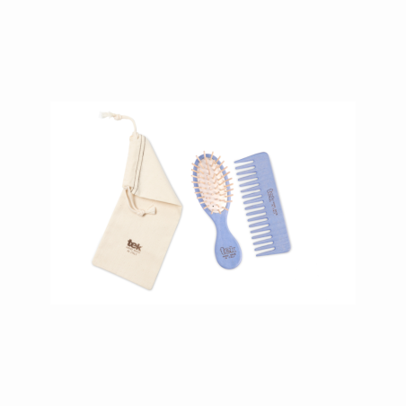 Kit Brosse à Cheveux Mini en Bois Bleu & Peigne | Avec Pochette en Coton Naturel