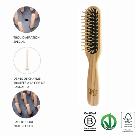 Brosse Rectangulaire Petite avec Picots Courts en Bois de Charme | Cheveux Courts
