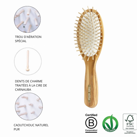 Brosse ovale grande à dent courte en bois d’olivier