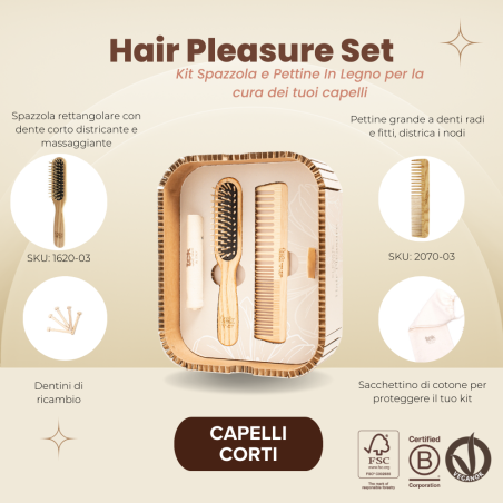Hair pleasure Set | Spazzola + Pettine in Legno per Capelli Corti