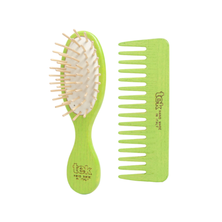 Kit Spazzola Mini & Pettine in Legno Verde | Con Custodia in Cotone Naturale