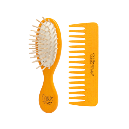 Kit Spazzola Mini & Pettine in Legno Arancione | Con Custodia in Cotone Naturale