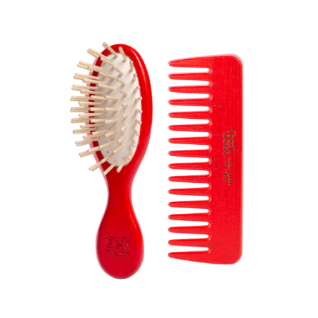 Kit Spazzola Mini & Pettine in Legno Rosso | Con Custodia in Cotone Naturale