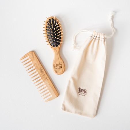 Kit Spazzola Mini & Pettine in Legno | Con Custodia in Cotone Naturale