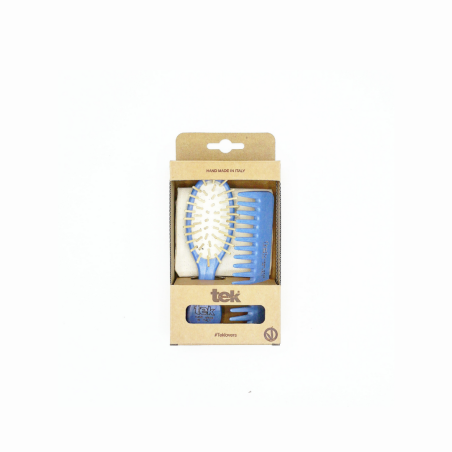 Kit Spazzola Mini & Pettine in Legno Blu | Con Custodia in Cotone Naturale