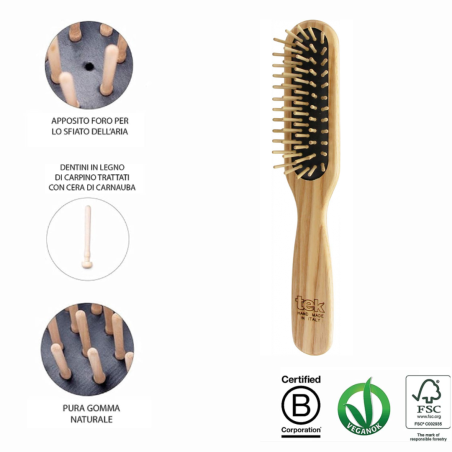 Spazzola Rettangolare Piccola con Denti Corti in Legno di Carpine | Capelli Corti