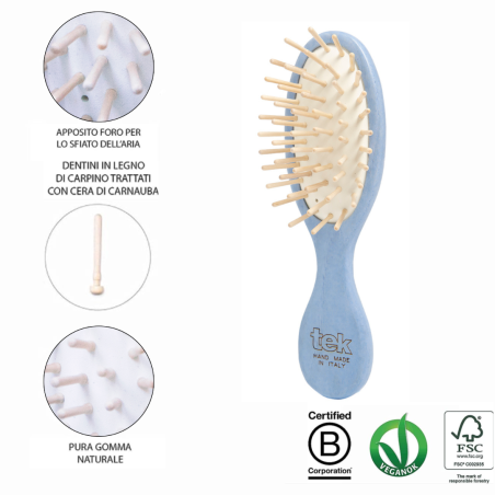 Kit Spazzola Mini & Pettine in Legno Blu | Con Custodia in Cotone Naturale