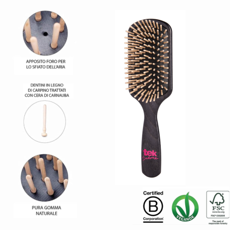 Spazzola Rettangolare in Legno Nera con Dente Corto | Per Capelli Corti, Medi & Fini